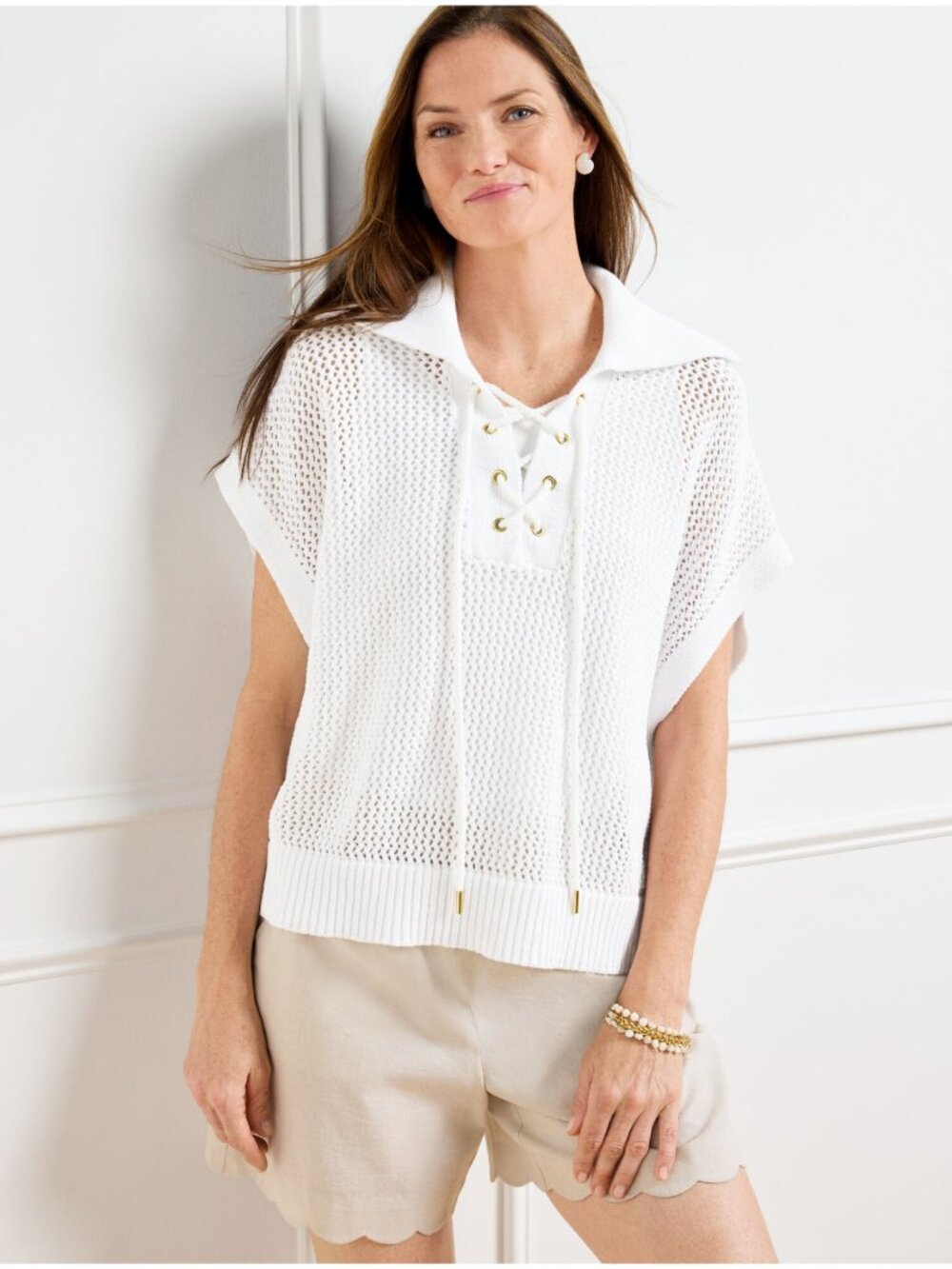 NWT TALBOTS Open Knit Lace Up Poncho in White Size XS/S